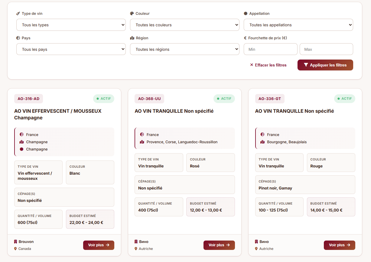 Liste des appels d'offres producteur