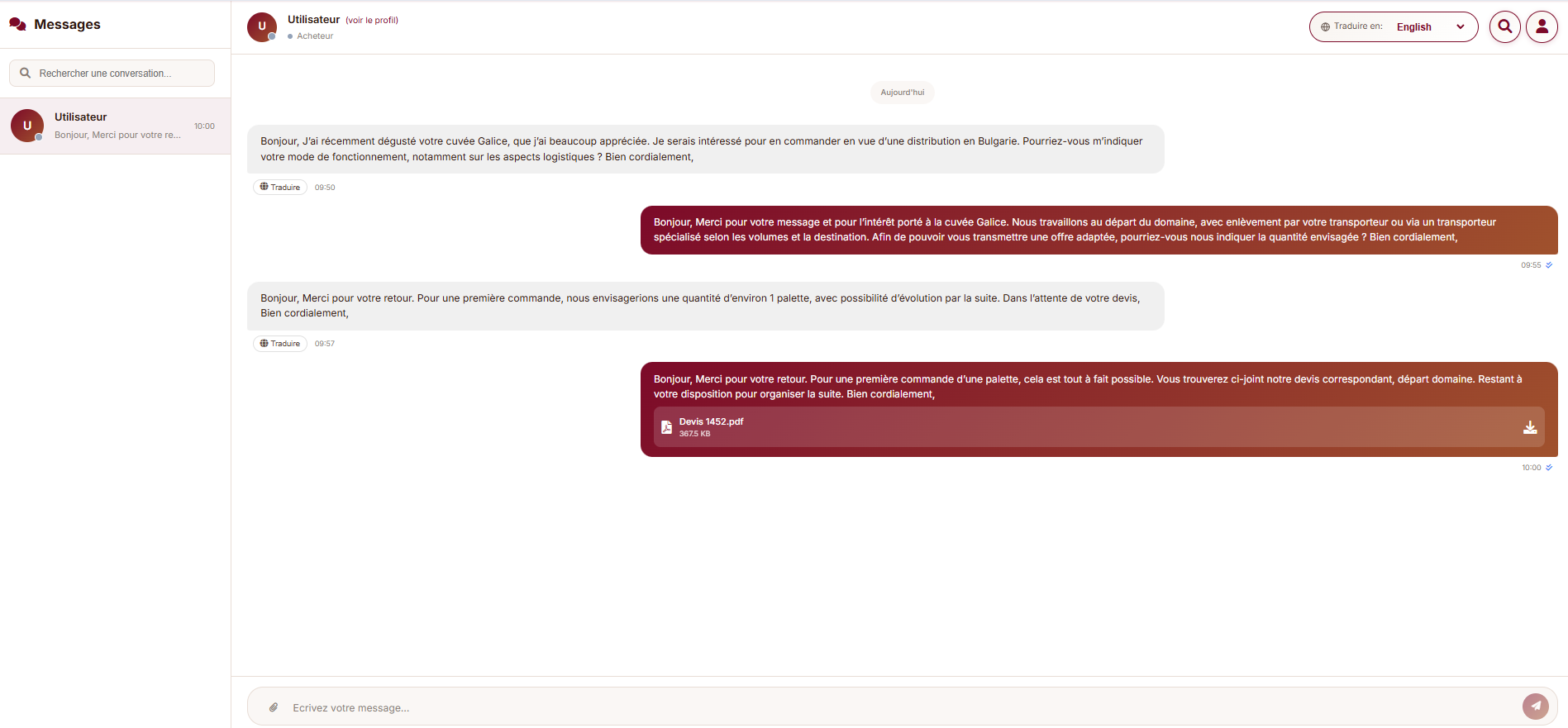 Interface messagerie producteur